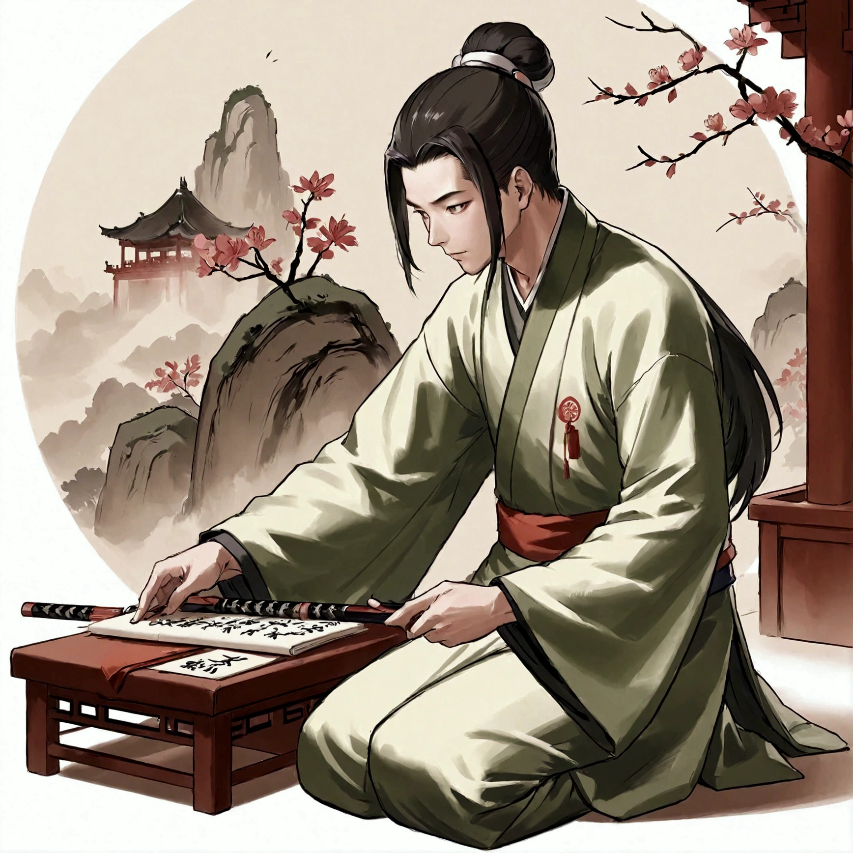 A man,Holding a feather fan,Dressed in cloth,Chinese classical martial arts style,Military division。Sitting and playing the guqin。Freehand ink painting style,Simple style,Declaring a sense of paper。