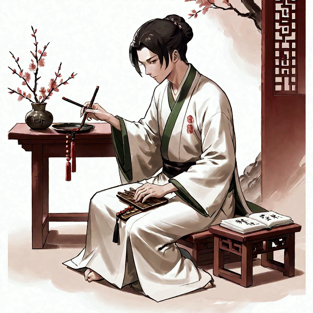 A man，Holding a feather fan，Dressed in cloth，Chinese classical martial arts style，Military division。Sitting and playing the guqin。Freehand ink painting style，Simple style，Declaring a sense of paper。