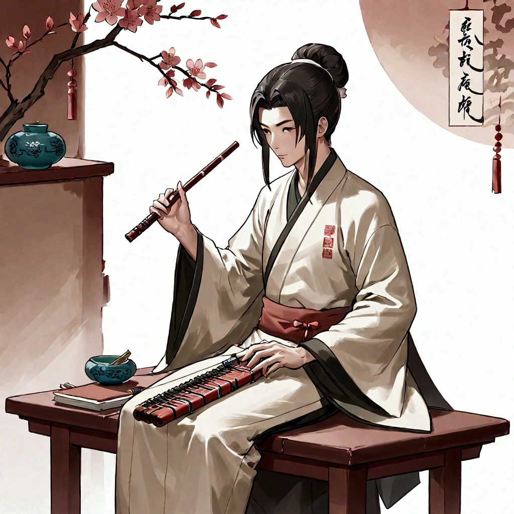 A man，Holding a feather fan，Dressed in cloth，Chinese classical martial arts style，Military division。Sitting and playing the guqin。Freehand ink painting style，Simple style，Declaring a sense of paper。