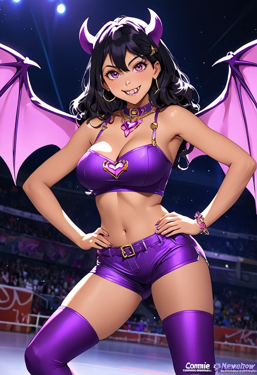 ( lilica felchenerow (arcana heart) cosplay), (skates, gold sleeveless parka, purple tube top, purple spandex shorts,  purple collar, bat wings), ((masterpiece,best quality, hyper-hdr,  8k uhd,  hyper-detailed)), connie maheswaran, long hair, black hair, pink blade, fangs, full shot, smile, big breast, age 25, sensual pin-up,  flirty cleavage  tease