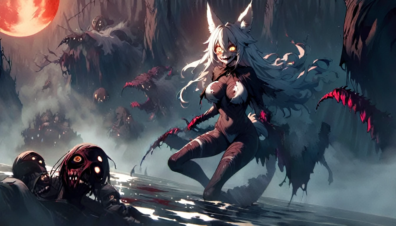 a beautiful detailed kitsune woman with long white fox ears and tails, glowing yellow eyes, highly detailed mature and curvy figure, large breasts, holding a towel, ruling over a lake with a huge red blood moon reflecting in the water, surrounded by a burning forest full of charred corpses, terrifying smile with glowing yellow eyes, body covered in dark sinister stains, (best colors,extreme detail description,professional,horror,fantasy, lake of blood
