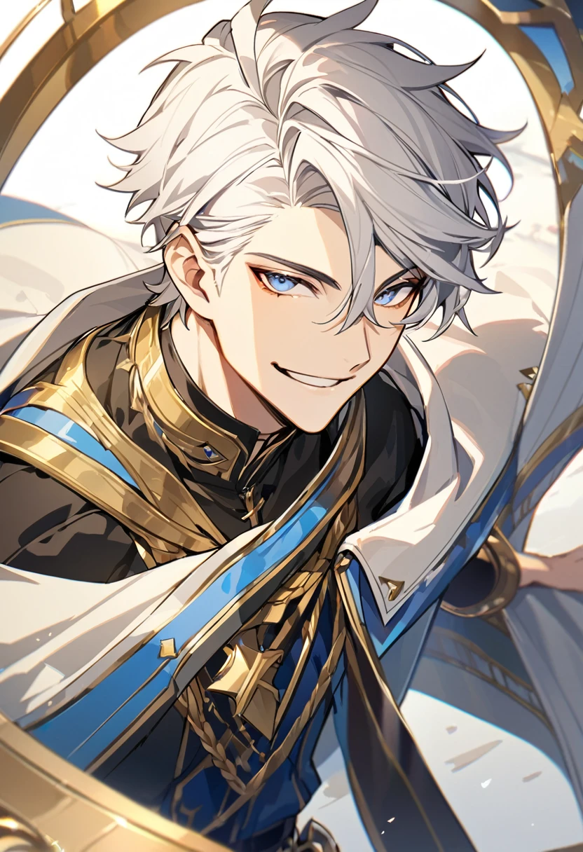 Handsome, solo, 1 male, super short hair, gold eyes, white hair, smile facial, ((shirt)), blue eyes, загадочное выражение лица, загадочная улыбка