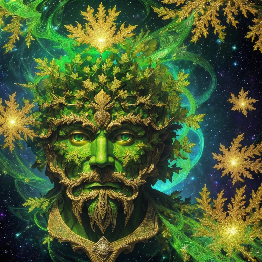 (High resolution, incredibly detailed, masterpiece), a precise symmetric center balanced (single face only) portrait of (one masculine Gaelic Greenman), green (oak leaves) floating, colorful (mystic swirling mists), featuring fractal geometry in (vibrant colors:0.8), set against a (galactic background:1.2), bringing together complex, mesmerizing shapes and patterns, dmt, fractal art, holy light.