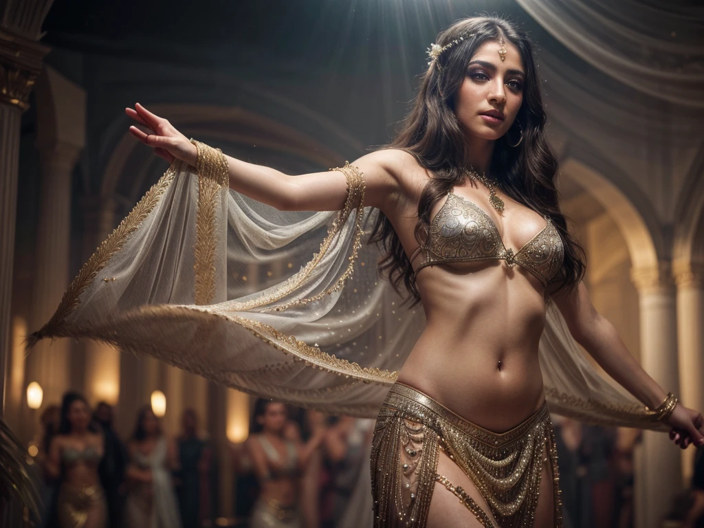 beautiful belly dancer, 1girl, detailed face, beautiful detailed eyes, beautiful detailed lips, extremely detailed eyes and face, longeyelashes, intricate costume, dancing pose, flowing movements, dramatic lighting, cinematic atmosphere, fantasy environment, ethereal, delicate colors, pastel tones, soft lighting, dreamlike, (best quality,4k,8k,highres,masterpiece:1.2),ultra-detailed,(realistic,photorealistic,photo-realistic:1.37)