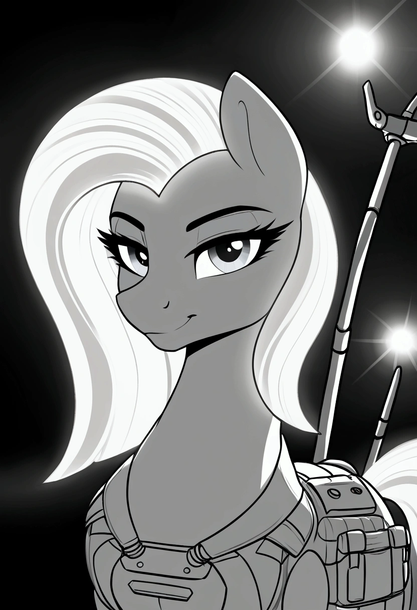 radiant lighting, vibrant colors, whimsical atmosphere, 8K, high resolution, highly detailed, masterpiece, ((my little pony)), (Hair top black bottom white), (pale body), (gray eyes) seductive face, woman's tactical gear, standing, big breasts, beautiful body