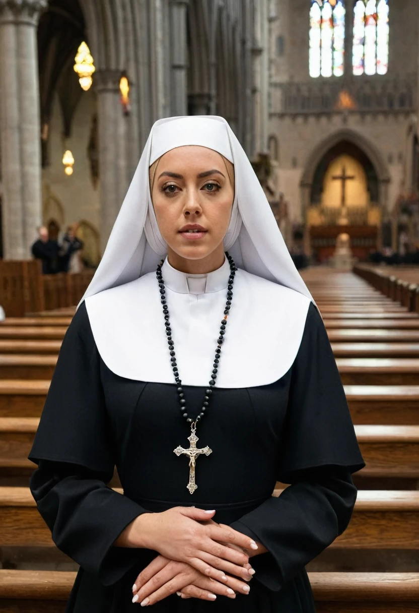 Aubrey Plaza, in Cathedral, benches in the background, Wearing nun's habit, Sexy nun outfit, big breasts, (big breasts: 1.2), she has (((Giant naked breasts, big erect nipples)))cleavage, holding prayer beads,