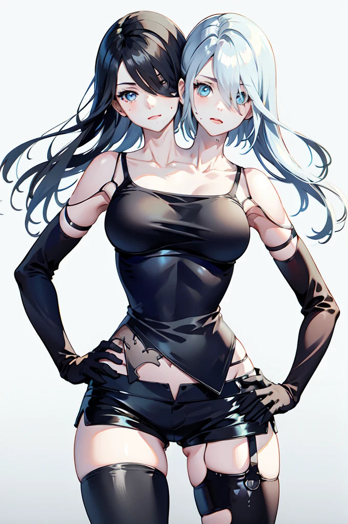 yorha type a no. 2, bare shoulders, blue eyes, mole under mouth, 1girl, android, long hair, white background, looking at viewer, joints, black shorts, tank top, thighhighs, gloves, hair over one eye, shorts, solo, black gloves, mole, robot joints, collarbone, simple background, short shorts, elbow gloves, hand on hip, blue eyes, (2heads:1.3)