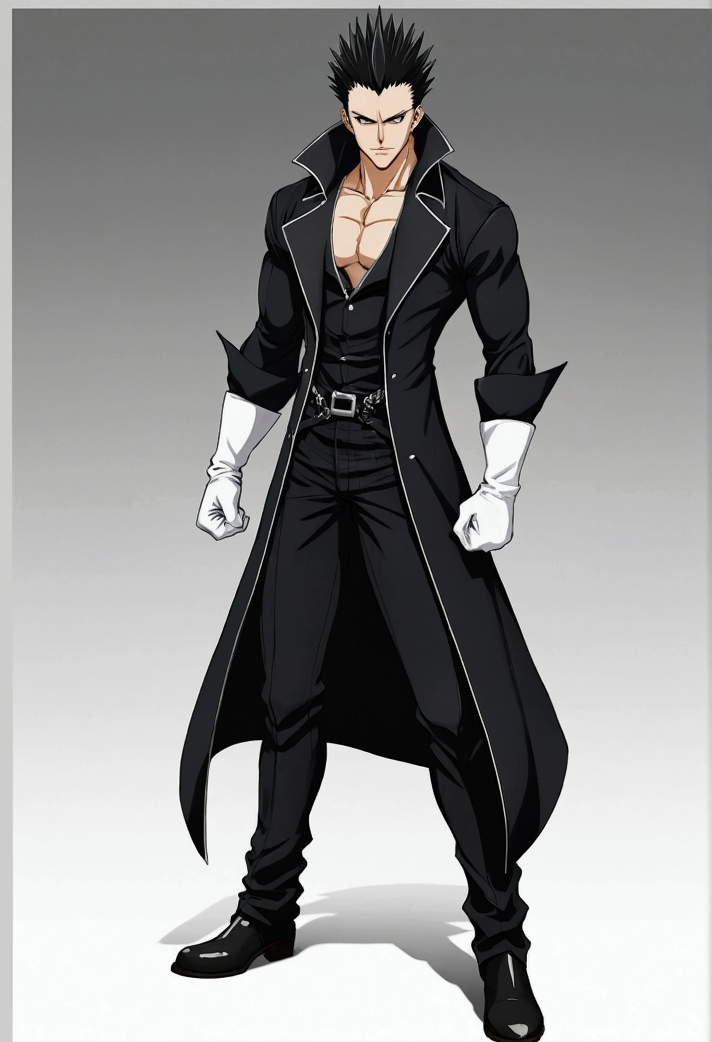 Create a man he has a serious look, hair spiked back, he wears a dark long-sleeved shirt clinging to his muscles, He wears white gloves and has a dark coat tied around his waist and down to his legs., He wears dark pants, White Boots, he has dark vertical pupils with an evil smile on his face, anime styling