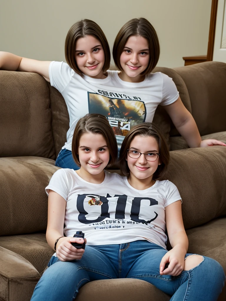 (conjoined_dicephalus), (2heads), 18-year-old white girl with two heads, tomboy, extremely short hair, wearing a t-shirt and jeans, sitting on a couch, playing video games
