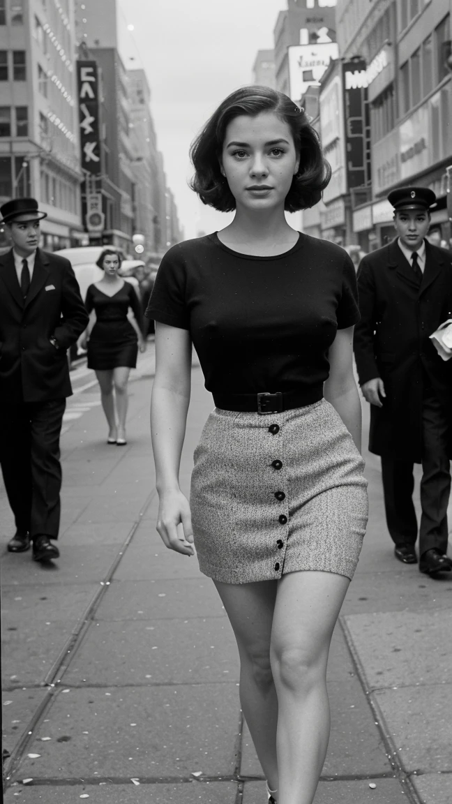 Realistic image of a 1950s girl walking down a New York street towards the viewer. Men pass by her and watch her. Style of the time, black andwhite, film noir, analog, hyperrealisti, Cinematic.