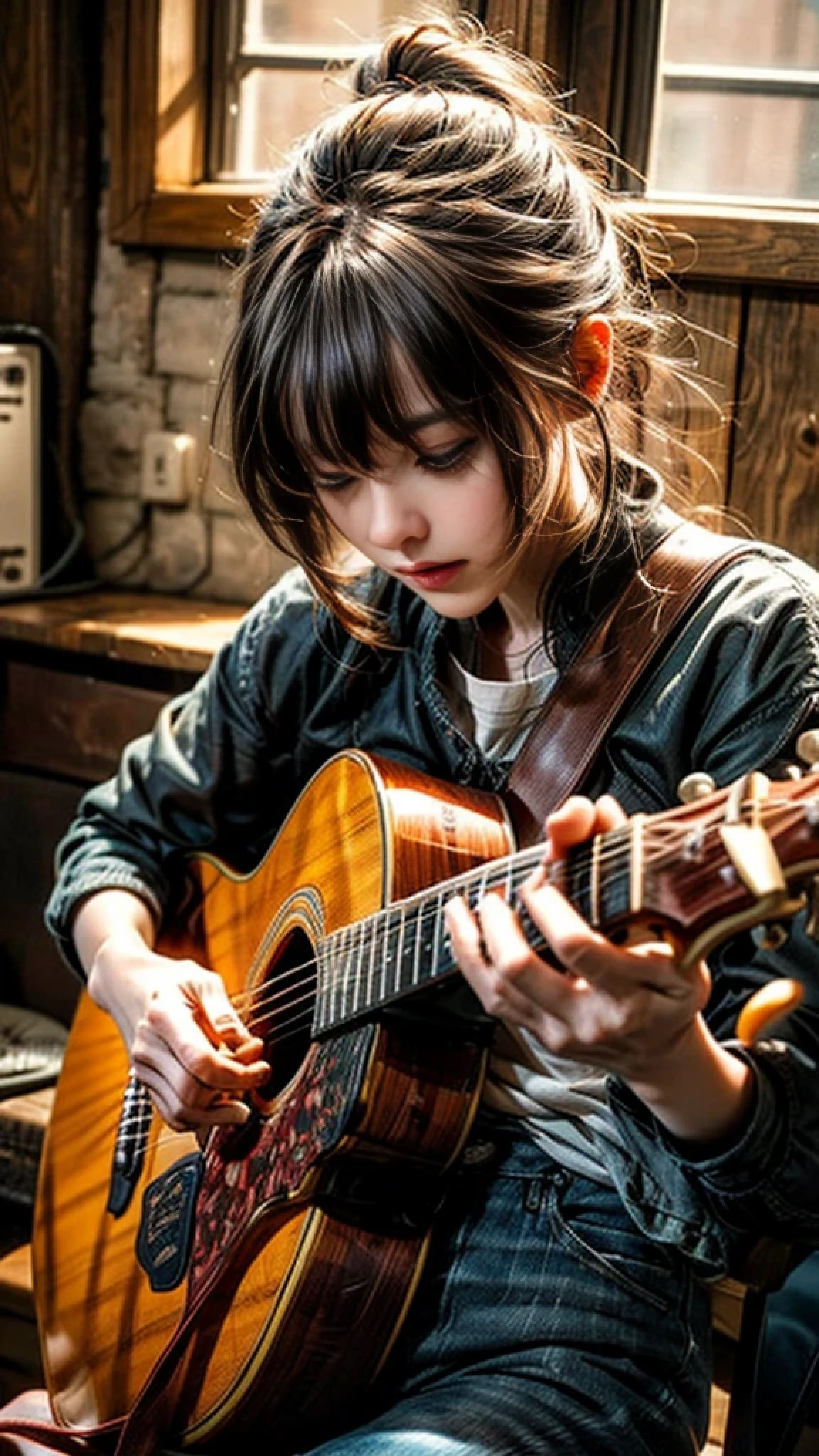 /imagine "Close-up of hands playing an acoustic guitar, fingers picking and strumming the strings, detailed view of the fretboard and strings, finger placement on the frets. A beautifully crafted wooden acoustic guitar, sound hole with intricate rosette design, polished wooden body reflecting light. Warm, natural lighting highlighting the guitar, background slightly blurred to focus on the hands and guitar, a casual intimate setting. A capo attached to the fretboard, guitar picks scattered around, a soft cloth or strap on the guitar. A sense of calm and relaxation, the sound of gentle guitar music, rustic cozy ambiance."