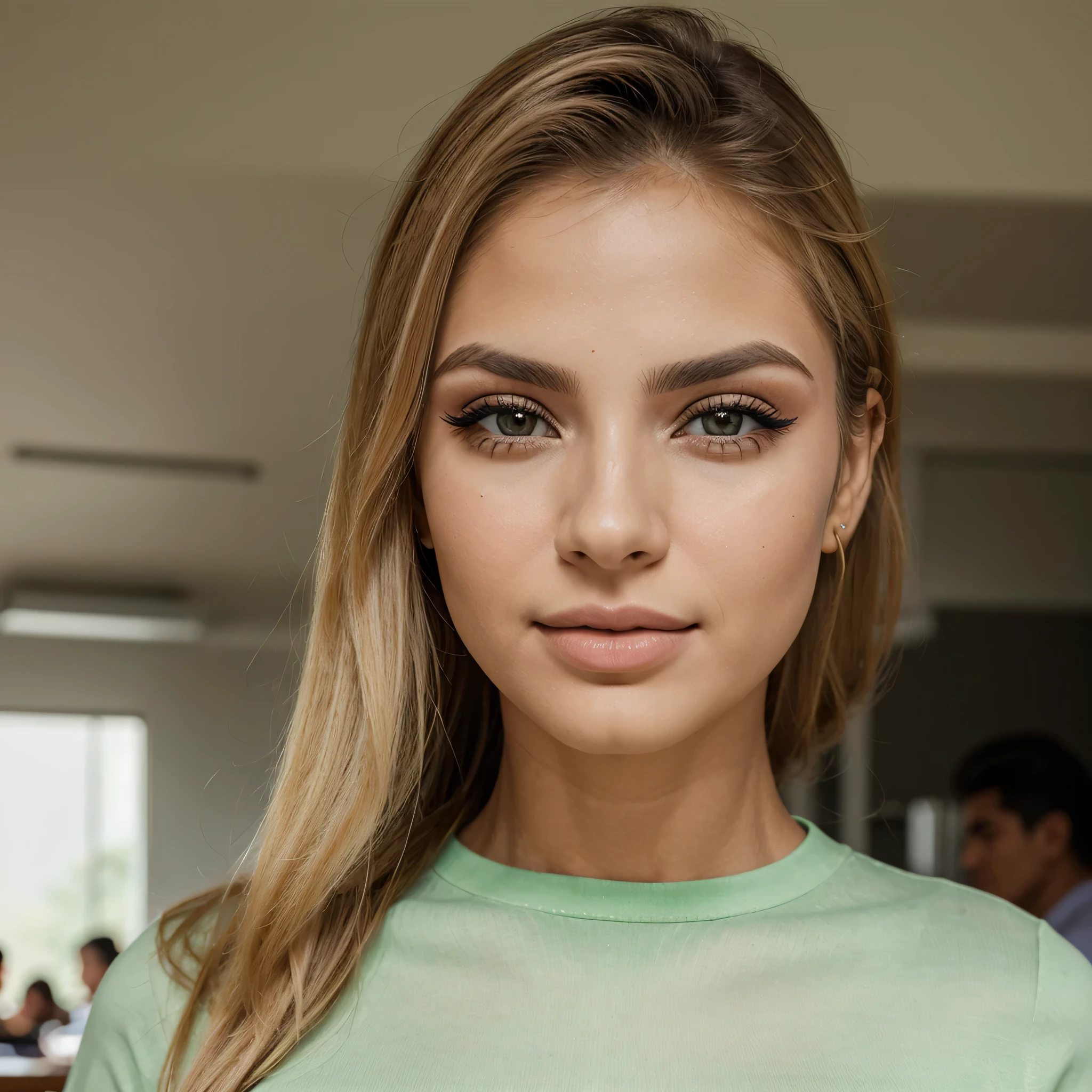(1womanl) blond, beautiful face, Masterpiece artwork, Prominent lips, Beautiful eyebrows, long eyelashes, greeneyes, posing in front of the camera, sitting in a cafe, Body cute, model body, breasts big, wears a violet blouse with a low neckline
