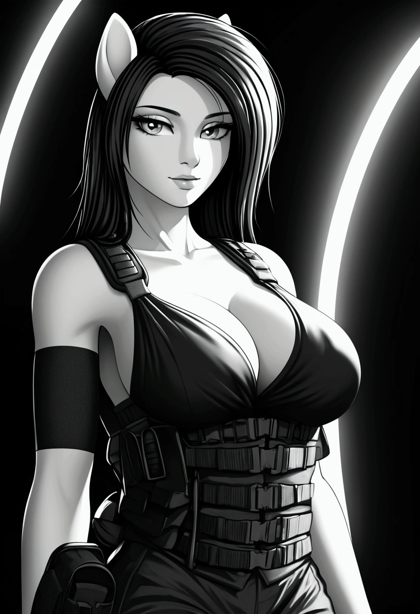 radiant lighting, vibrant colors, whimsical atmosphere, 8K, high resolution, highly detailed, masterpiece, ((my little pony)), (Hair top black bottom white), (pale body), (gray eyes) seductive face, woman's tactical gear, standing, big breasts, beautiful body