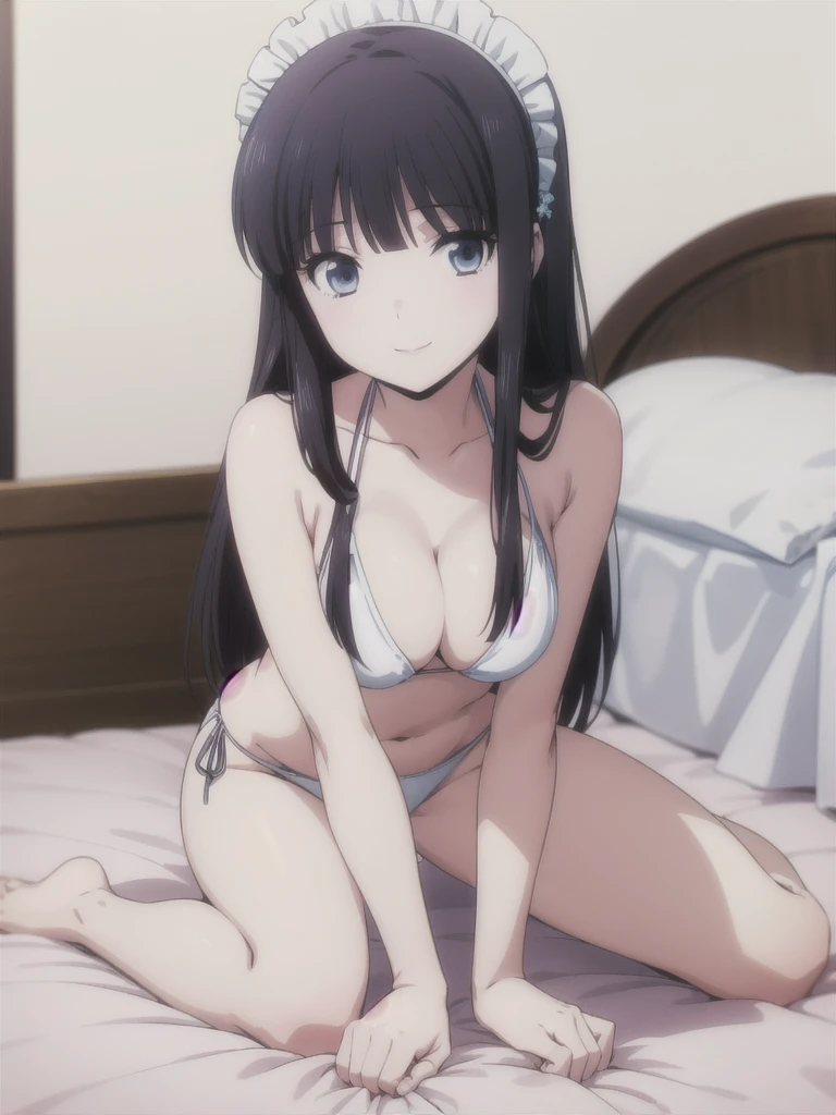 solo, 1girl, looking at viewer, 2D, anime, anime coloring, full body, (solid white background:1.3), miyuki shiba, maid bikini, porn, kiss, looking at viewer, straddle me, smile,bed room,sleep position, kiss me