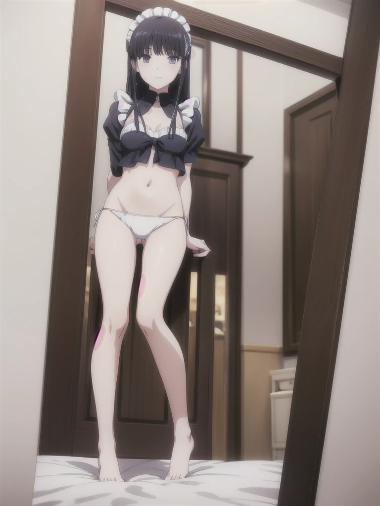 solo, 1girl, looking at viewer, 2D, anime, anime coloring, full body, (solid white background:1.3), miyuki shiba, maid bikini, porn, kiss, looking at viewer, straddle me, smile,bed room,sleep position, kiss me