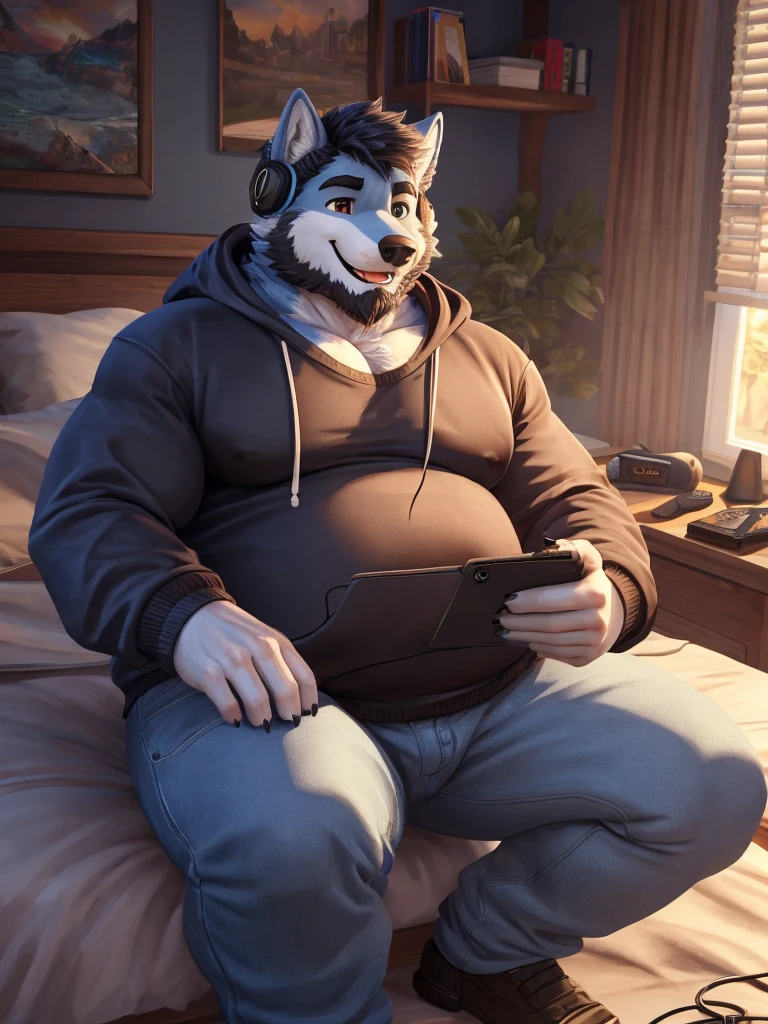 ((best quality)), ((masterpiece)), (Ultra detailed), ((4k)) , Solo , Anthro Wolf , Light Blue Fur , Black Short Hair , Short Beard , Handsone , Middle Ages , Big Pecs chest , Fat , Playing Game , Headphone  , Bedroom , Sit In Bed , Sweatshirt , Jean pants , Happy