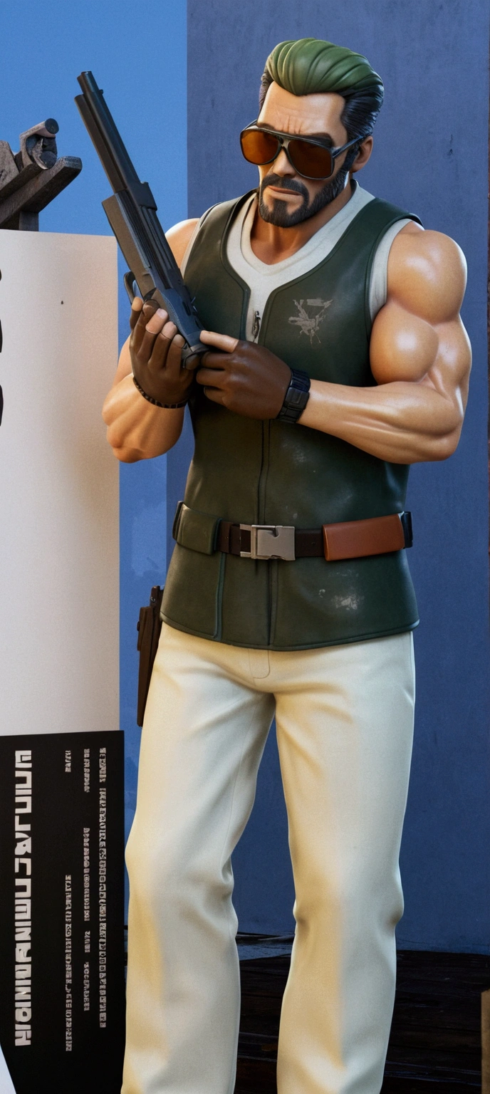 There's a guy with a gun and a cell phone, character poster, Poster Character, Arnold Maya Rendering, Similar to Ernest Khalimov's concept art, Arnold Rendering, Imitating Corey Loftis, Inspired by Walther Jervolino, Key Art, Inspired by James Gurney, Character Design, portrait of adam jensen, arnold 3d render