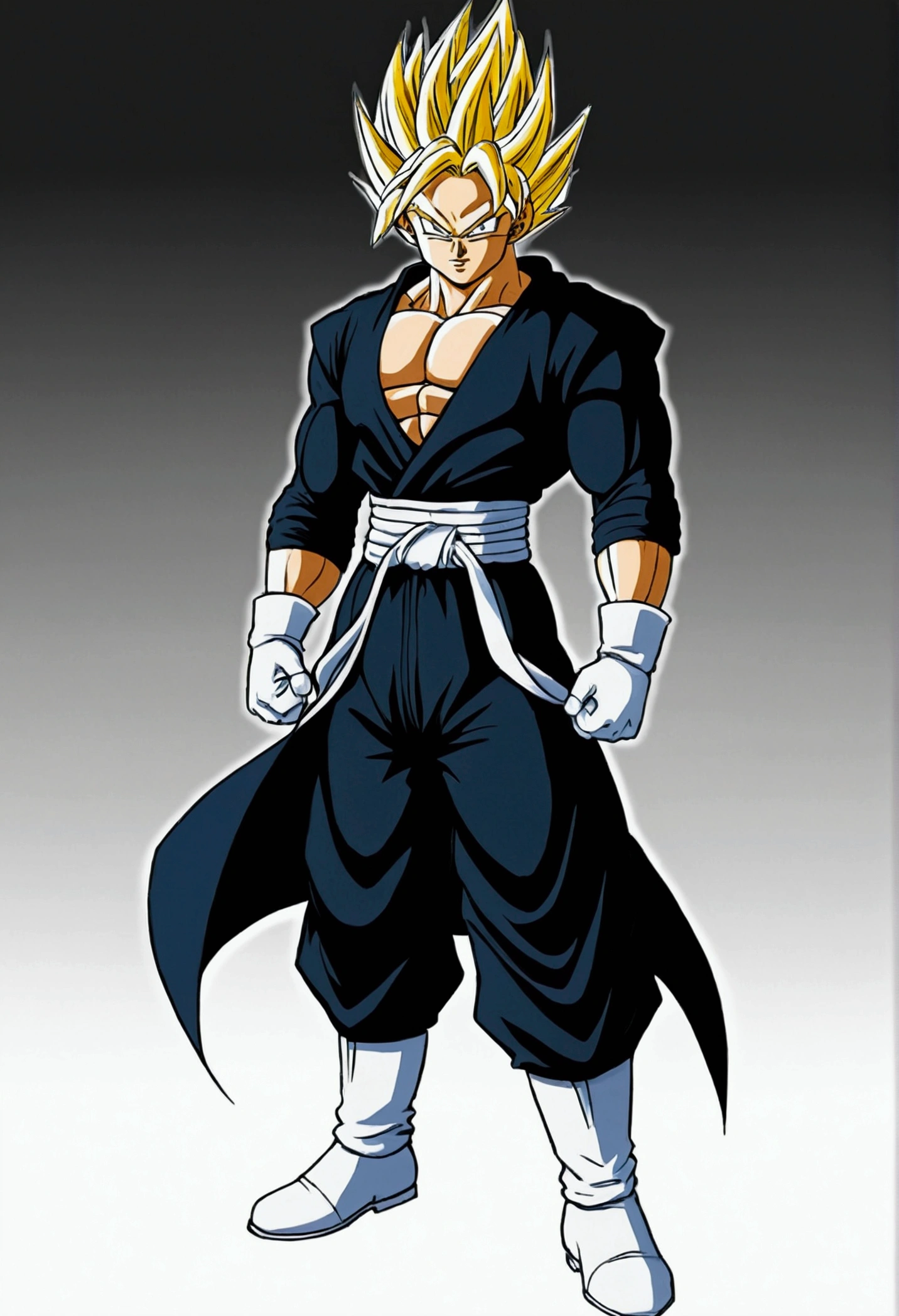 Create a Saiyan he has a serious look, hair spiked back, he wears a dark long-sleeved shirt clinging to his muscles, He wears white gloves and has a dark coat tied around his waist and down to his legs., He wears dark pants, White Boots, he has dark vertical pupils with an evil smile on his face, anime styling