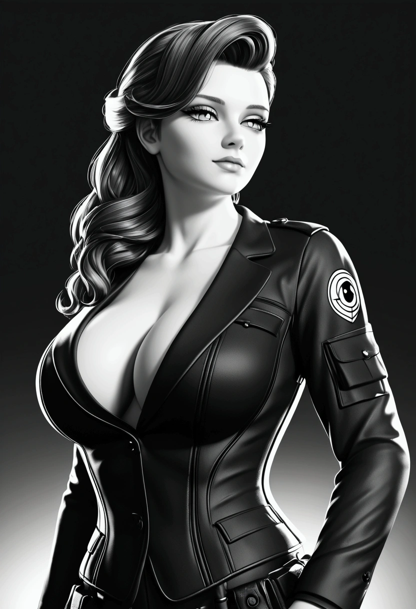 vibrant colors, 8K, high resolution, highly detailed, masterpiece, ((my little pony)), (Hair top black bottom white), (pale body), (gray eyes) seductive face, woman's tactical gear, standing, big breasts, beautiful body