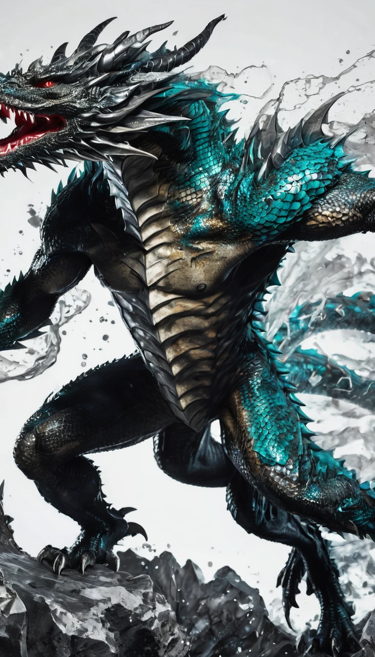 plano general, whole body, Bloom, line art, ((1 dragon alone, strong and robust, dynamic pose, large and sharp fangs:1.5)), fighting stance, looking at the viewer, Scales, (abstract ink splash:1.2), White background