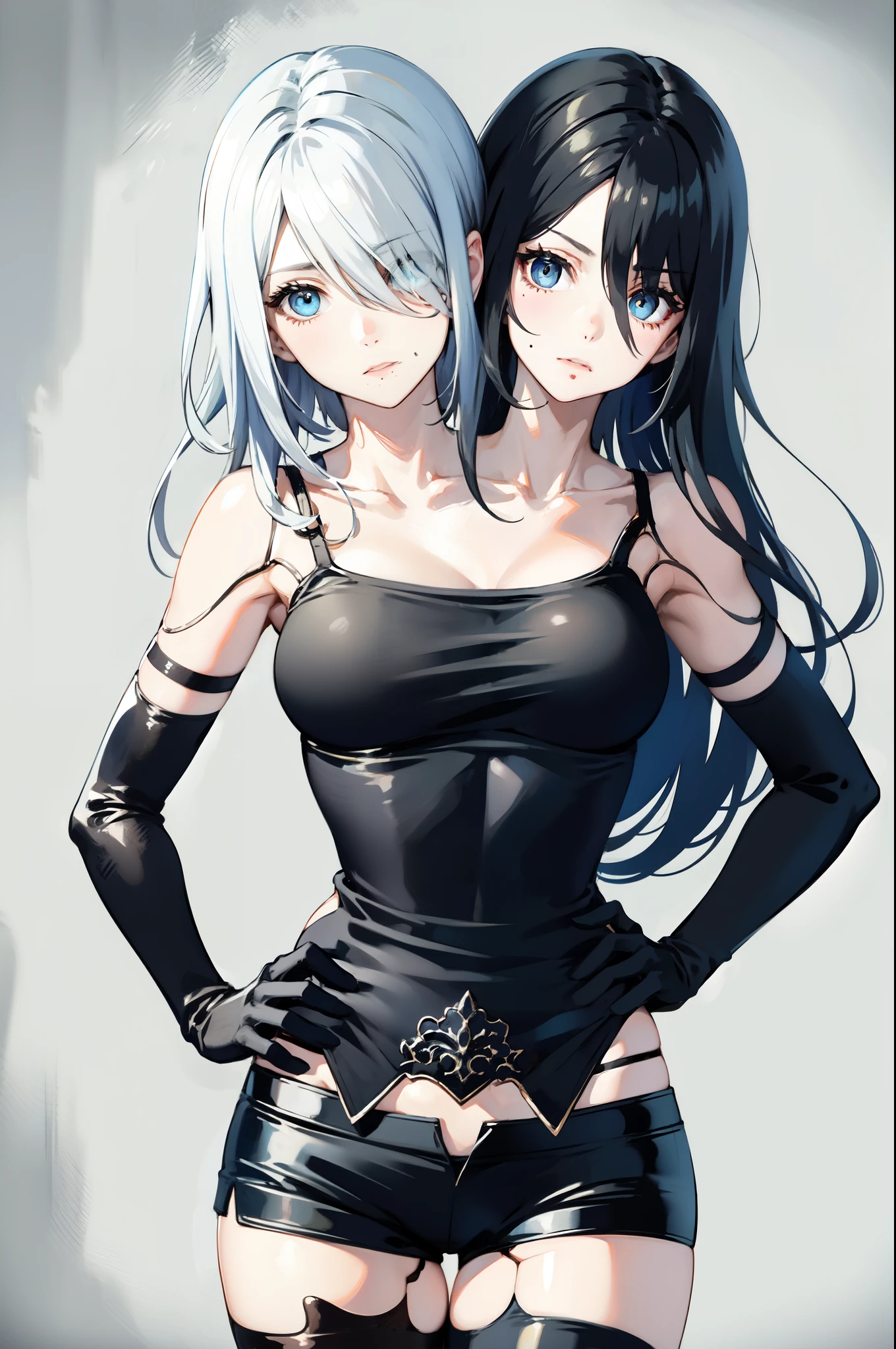 yorha type a no. 2, bare shoulders, blue eyes, mole under mouth, 1girl, android, long hair, white background, looking at viewer, joints, black shorts, tank top, thighhighs, gloves, hair over one eye, shorts, solo, black gloves, mole, robot joints, collarbone, simple background, short shorts, elbow gloves, hand on hip, blue eyes, (2heads:1.3)