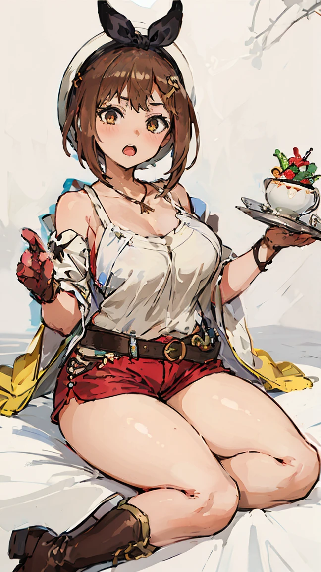 (Highest quality, 8K, masterpiece :1.3),Lizaリン・シュタウト(Lizaのアトリエ),Liza, One woman,Large Breasts,short hair,Brown Hair,hair band,Clothing,hat,White shirt,White camisole,Red shorts,Brown long boots,Blowjob,nsfw,Plump body,Thighs