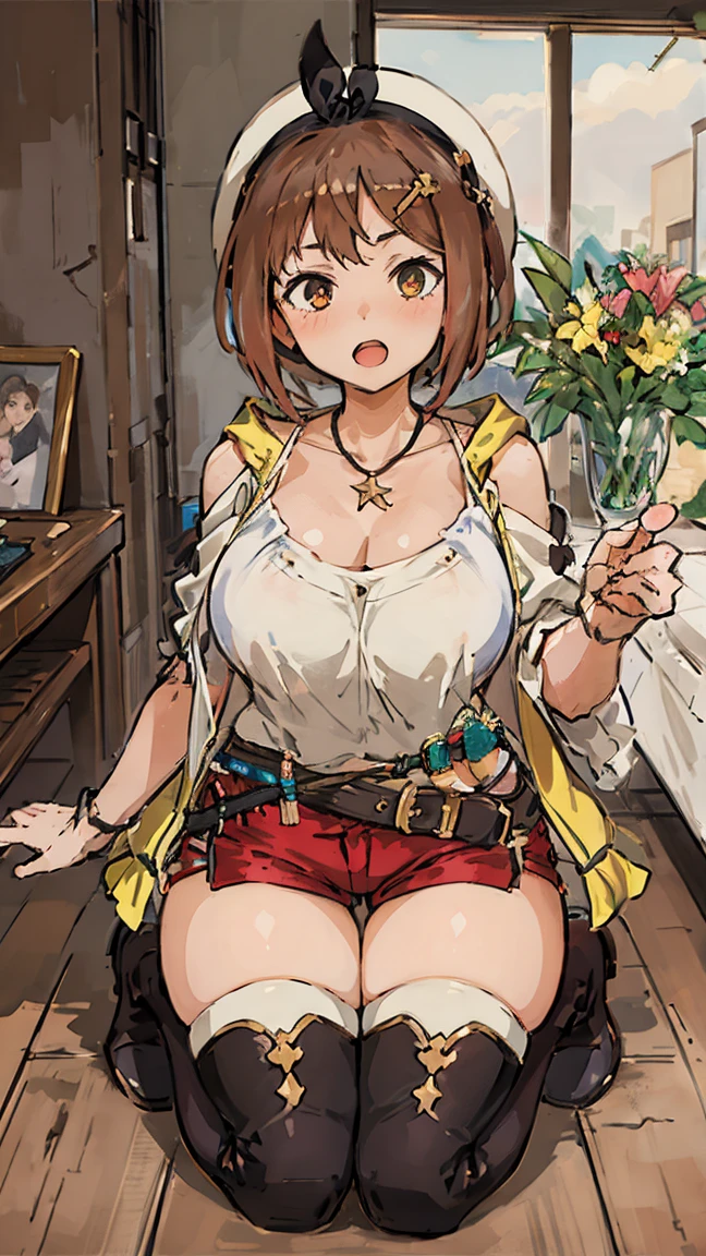 (Highest quality, 8K, masterpiece :1.3),Lizaリン・シュタウト(Lizaのアトリエ),Liza, One woman,Large Breasts,short hair,Brown Hair,hair band,Clothing,hat,White shirt,White camisole,Red shorts,Brown long boots,Blowjob,nsfw,Plump body,Thighs