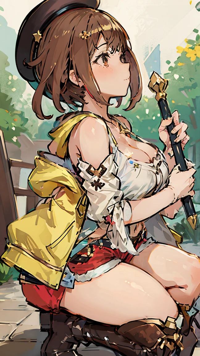(Highest quality, 8K, masterpiece :1.3),Lizaリン・シュタウト(Lizaのアトリエ),Liza, One woman,Large ,short hair,Brown Hair,hair band,Clothing,hat,White shirt,White camisole,Red shorts,Brown long boots,Blowjoblump body,Thighs