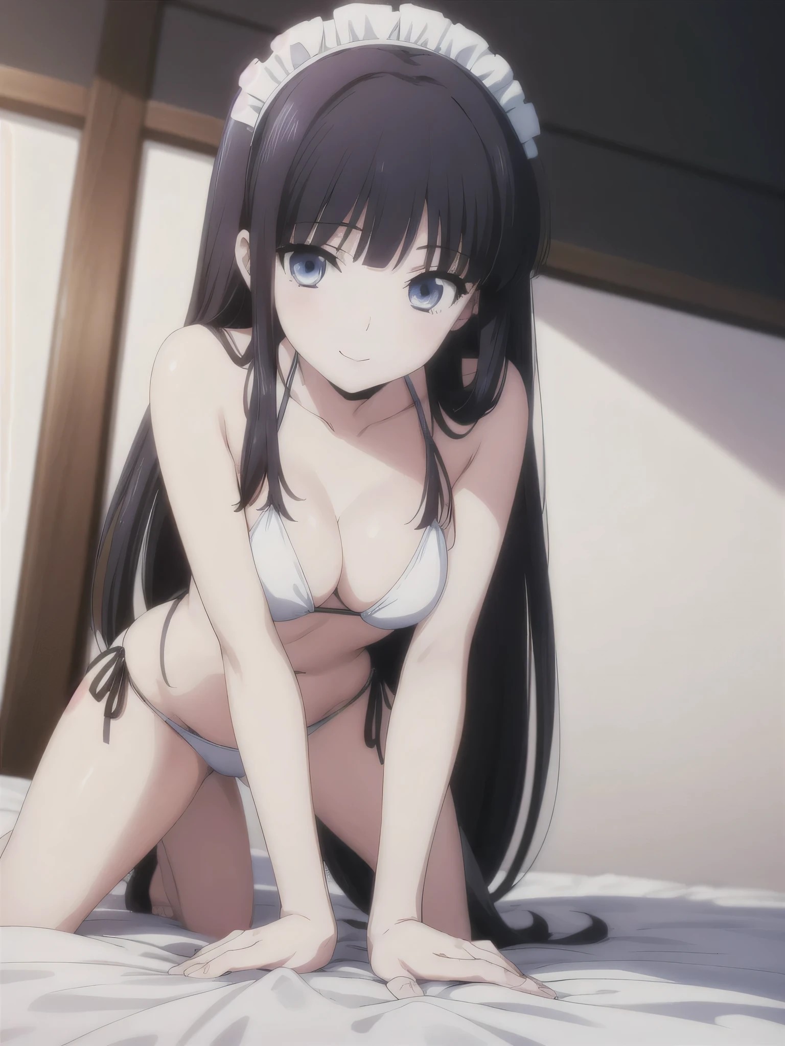 solo, 1girl, looking at viewer, 2D, anime, anime coloring, full body, (solid white background:1.3), miyuki shiba, maid bikini, porn, kiss, looking at viewer, straddle me, smile,bed room,sleep position, kiss me