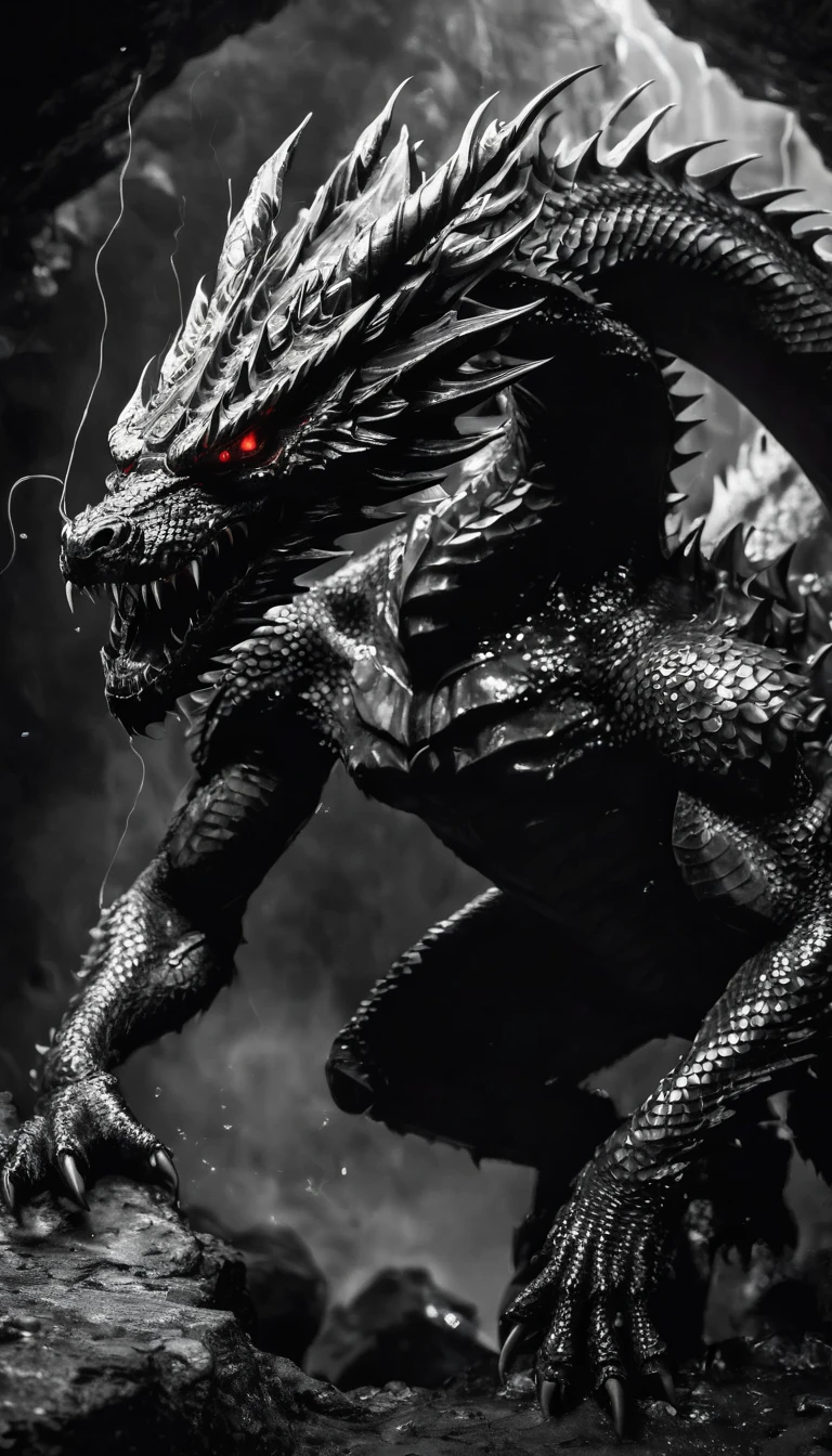 plano general, whole body, Bloom, monochrome, ink sketch,((1 dragon alone, strong and robust, dynamic pose, large and sharp fangs:1.5)), fighting stance, looking at the viewer, Scales, (abstract ink splash:1.2), Dark cave bottom
