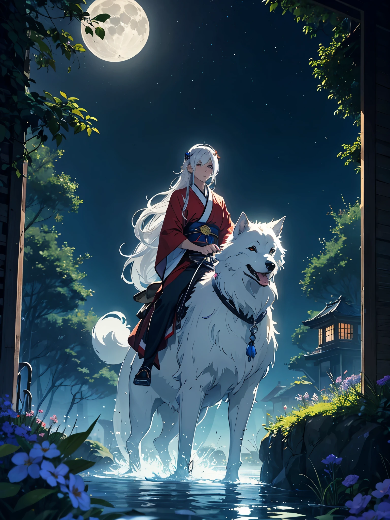 Riding a big wolf. Göttlich. Geweih auf dem Kopf. Kimono. Big Wolf. day lights. More anime. light blue light. Bright bright light. magical. Moon. Sitting on a big white wolf. Lightening flowers. More anime. male. Blue flowers. Long hair. long white hair. aquatic, boy, God of the Moon, silver hair accessories, White hair. 