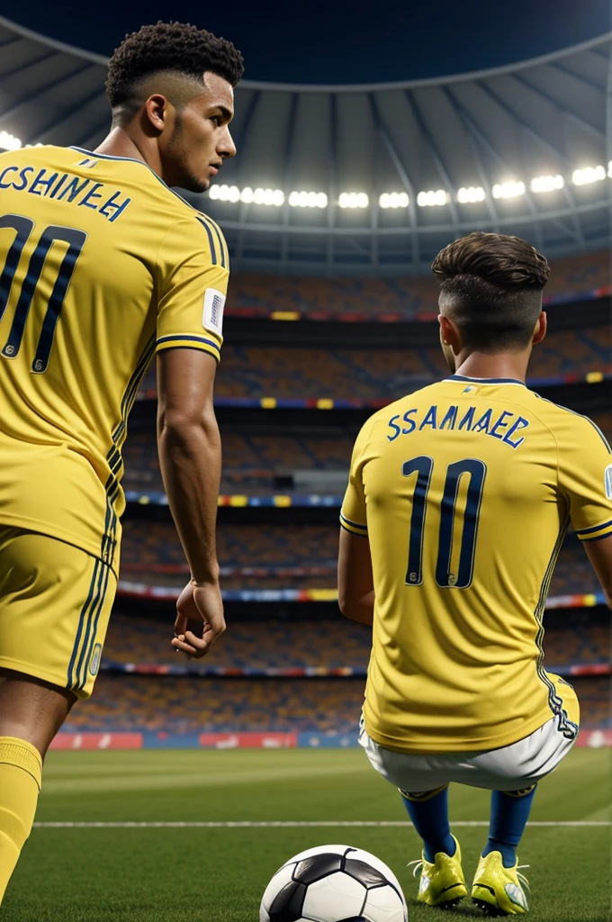 Create a 3D character sitting in a stadium watching a soccer game, with the yellow shirt of the Colombian national team, with the number 10 on his back and the name “Samuel”