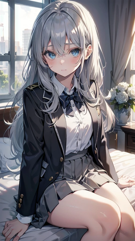 (masterpiece), (best quality), ((very detailed)), (very delicate), (A young girl), cyan eyes, sparkling eyes, droopy eyes, (Silver gray hair),Short messy hair, Barrette, Medium chest, Blazer uniform , platinum blonde, White skin, sitting on the bed in my room, Sunset rays shining through the window, Downcast eyes, lack of confidence, afraid, bullied at school, Blazer,wariza