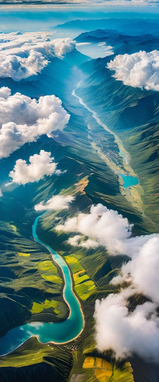 (Highest quality),(masterpiece:1.2),(Very detailed:1.2),Ultra-high resolution,RAW color photos,8K,Vast landscape photography,Realistic photos,Elaborate photos,Skydiving viewpoint,Written boundary depth,Sharp focus,In the clouds,The land below,Beautiful colors,Written boundary depth,Wide Light,Low contrast,Backlight,Sharp focus,Vibrant colors,moving composition