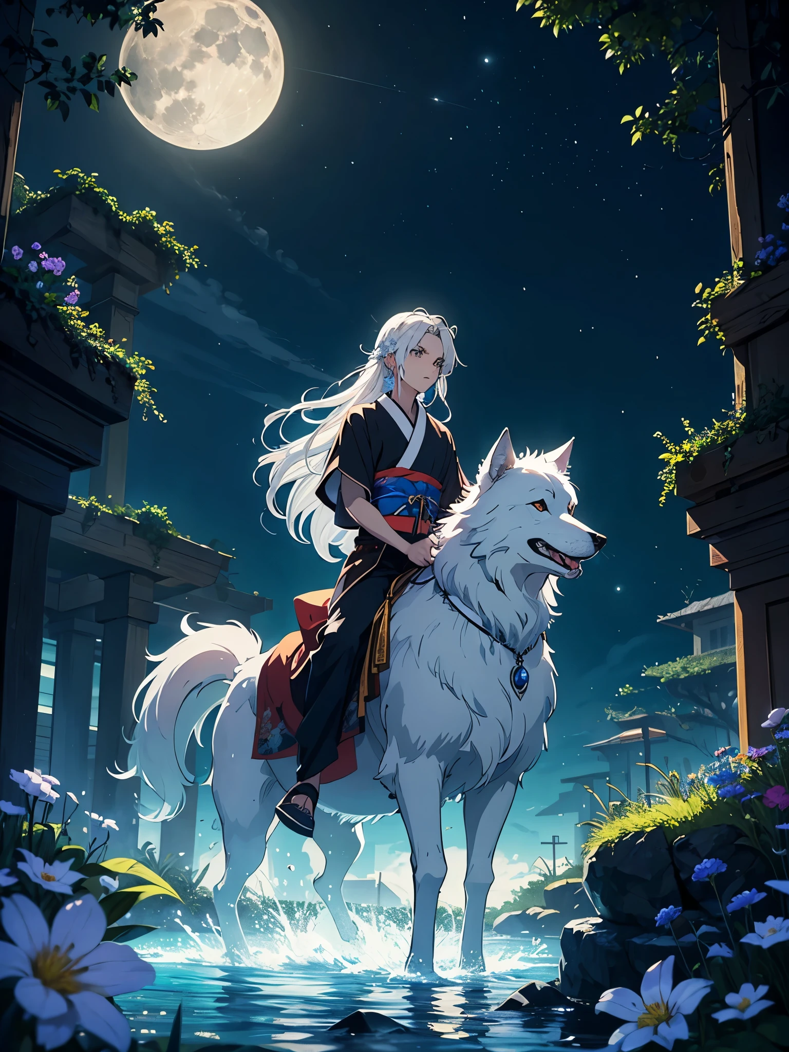 Riding a big wolf. Göttlich. Geweih auf dem Kopf. Kimono. Big Wolf. day lights. More anime. light blue light. Bright bright light. magical. Moon. Sitting on a big white wolf. Lightening flowers. More anime. male. Blue flowers. Long hair. long white hair. aquatic, boy, God of the Moon, silver hair accessories, White hair.