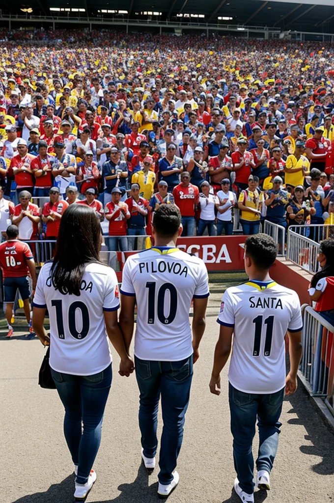 Fans with their backs to the stadium with son on their right named Santi number 10, daughter on his left name isa number 10 dad in the center number 7 Colombia team 
