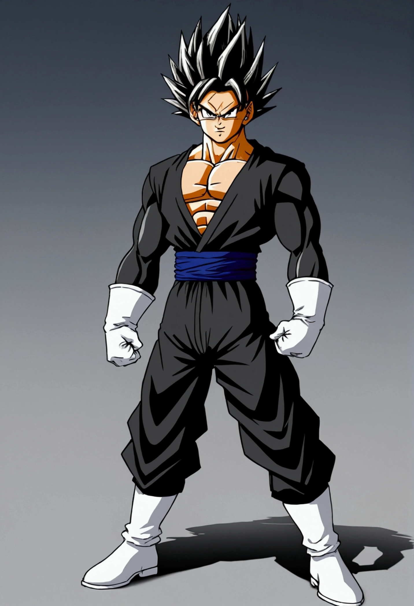 Create a Saiyan he has a serious look, hair spiked back, he wears a dark long-sleeved shirt clinging to his muscles, He wears white gloves and has a dark coat tied around his waist and down to his legs., He wears dark pants, White Boots, he has dark vertical pupils with an evil smile on his face, anime styling, spiky hair back