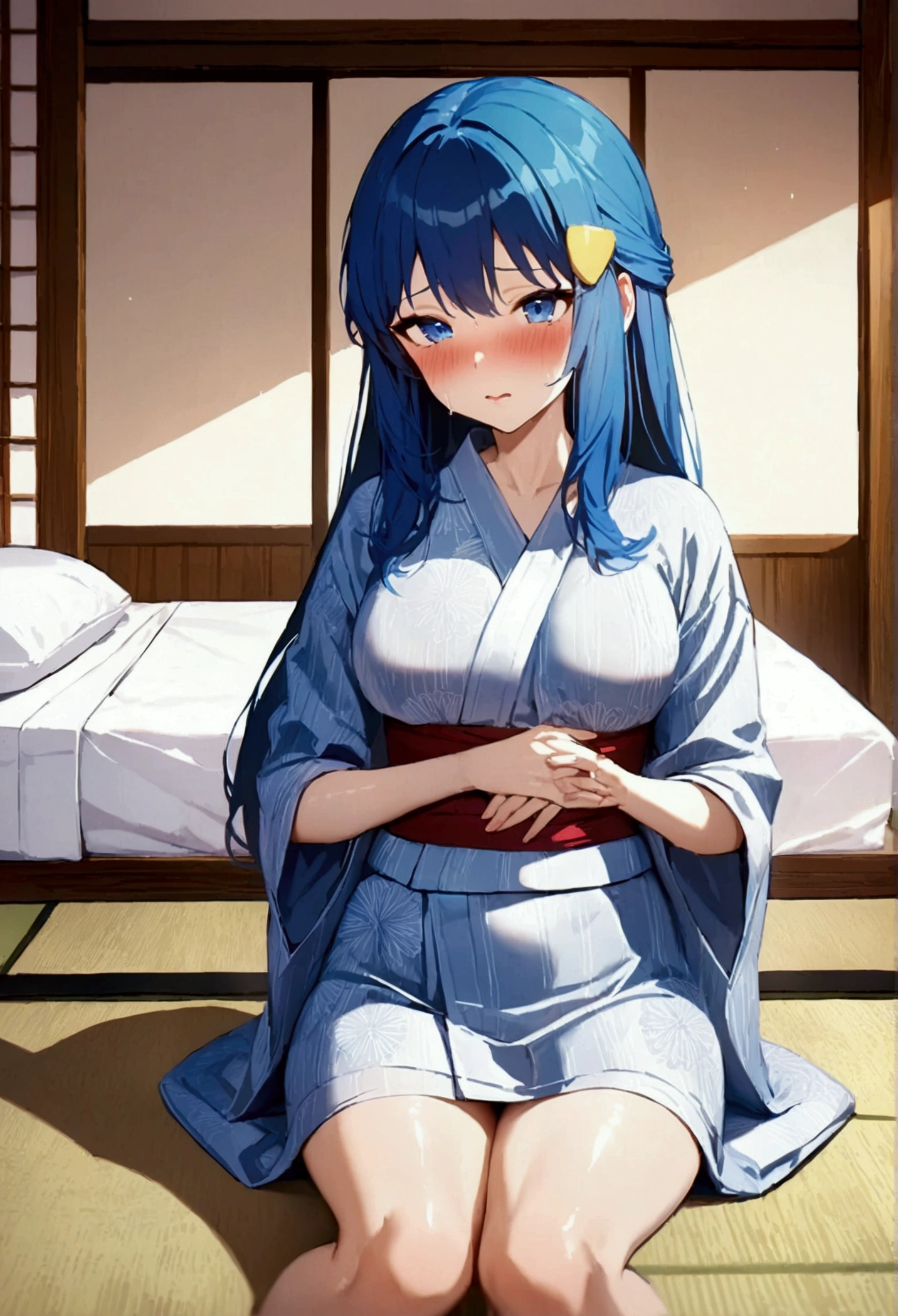 NSFW,masterpiece,Highest quality,High resolution,Super detailed,dawn_\(pokemon\),blue eyes, Blue Hair, Long Hair, Side Lock, Hair Clip,High-quality yukata,Embarrassed,blush,Inn at night,Japanese-style room,tatami,futon,(Hypnosis),(brainwashing),(Middle-aged men),A man puts his hands on her waist and hugs her,Sitting