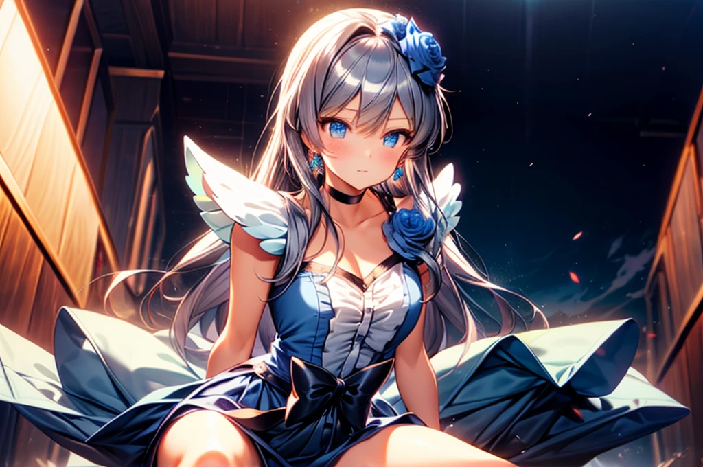 (Highly detailed CG), (Highest quality),(full body)，(( Squat，Spread your legs，Strike a Pose)),1 Girl,alone, black choker, earrings, blue flower, magical girl, waist bow, cure moonlight dress, jewelry, flower, wrist cuffs, single elbow glove, boots, eyelashes,Perfect Face,  Shiny skin, Shiny skin, Wide Hips,Tight waist,Knee-high boots，Elbow Bag,1 Girl, Long Hair, Big Breasts，Thick thighs，sunset，Octane，