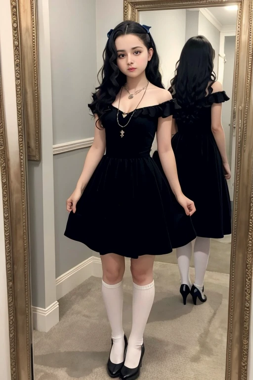 14 year old  looking like Bellatrix Lestrange in black dress with white polka dots, mitts, necklace with a blue stone, white socks and heels with small heels standing in front of the mirror