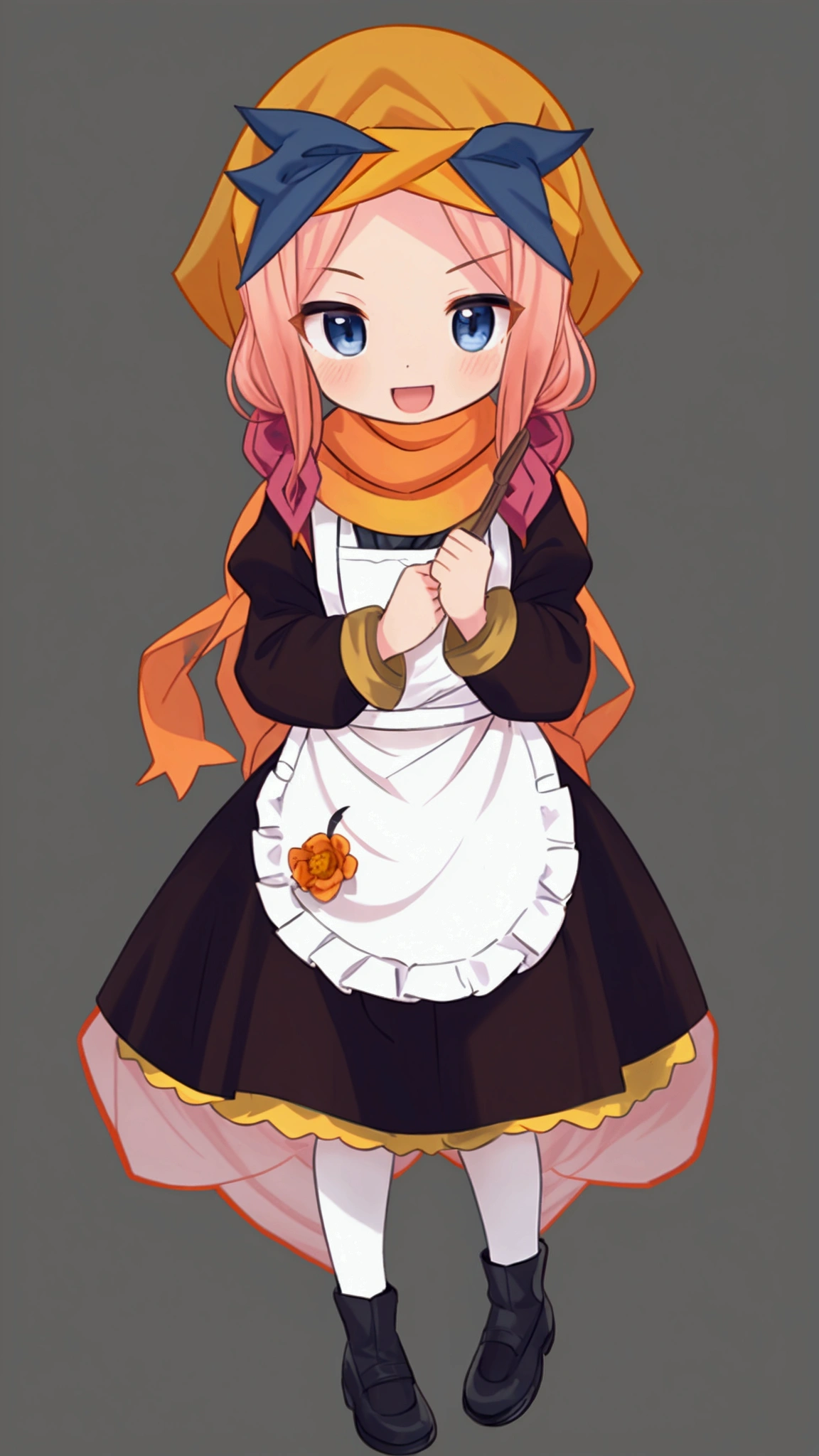 golden orange hair, gradient hair, very long hair, swept bangs, sidelocks, curly hair, wavy hair, (((((head scarf))))), head bandana, pink apron, flower in hair, marigold, orange flower, dirndl, pink dress, pink dirndl, long sleeves, waist apron, white apron, bow on waist, blue bow, , polish clothing, Slavic clothing, Hungarian clothing, anime, cute, flat chest, solo, exaggerated expression, chibi,(((((:3}}}}} smile, open mouth, blue eyes, white stockings, black shoes, full body