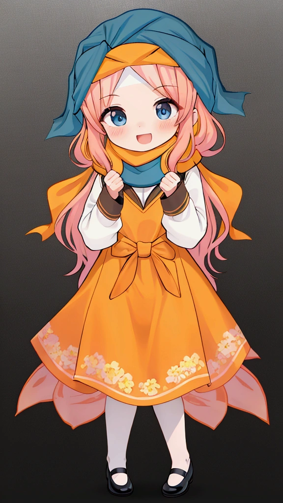 golden orange hair, gradient hair, very long hair, swept bangs, sidelocks, curly hair, wavy hair, (((((head scarf))))), head bandana, pink apron, flower in hair, marigold, orange flower, dirndl, pink dress, pink dirndl, long sleeves, waist apron, white apron, bow on waist, blue bow, , polish clothing, Slavic clothing, Hungarian clothing, anime, cute, flat chest, solo, exaggerated expression, chibi,(((((:3}}}}} smile, open mouth, blue eyes, white stockings, black shoes, full body