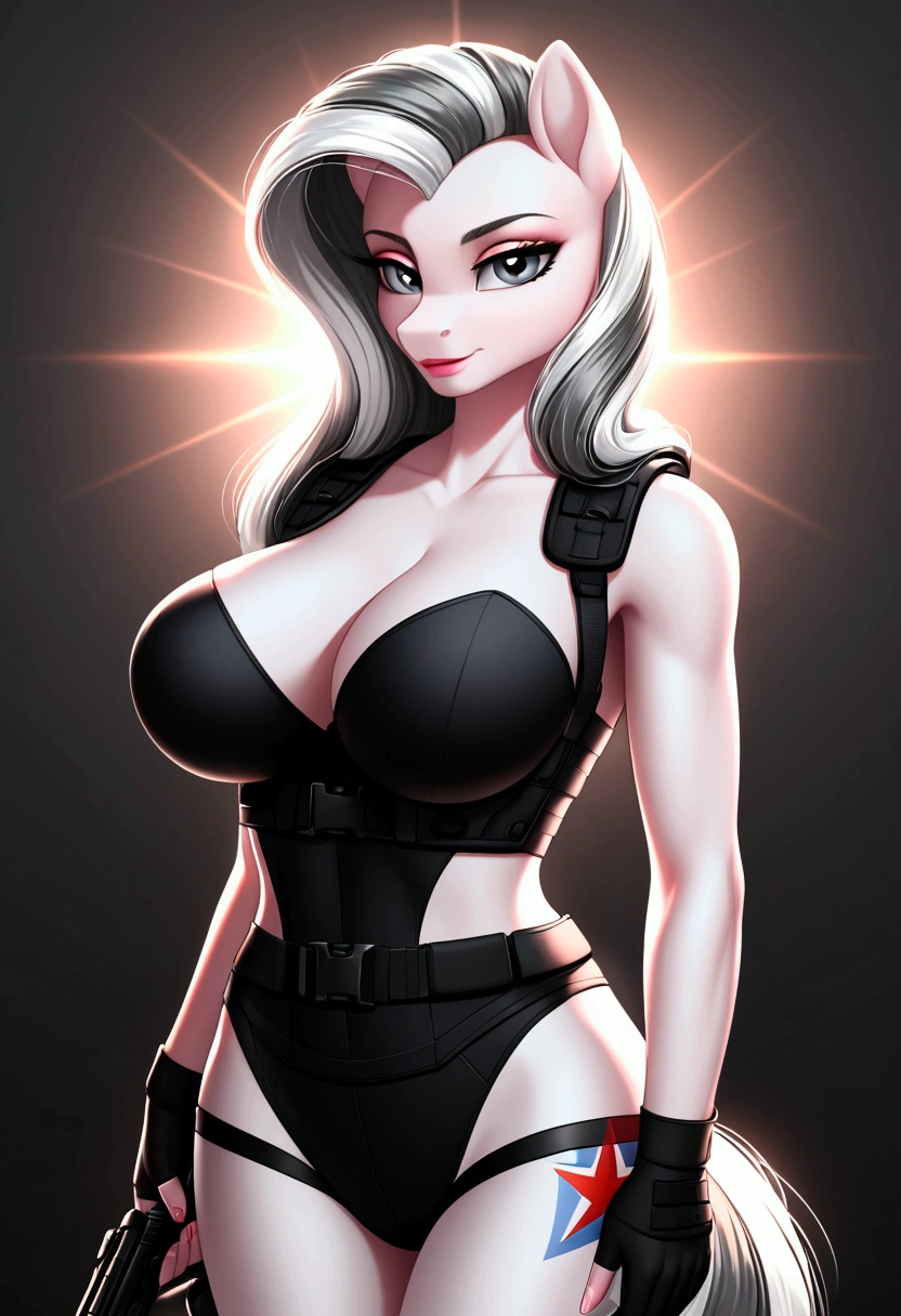 vibrant colors, 8K, high resolution, highly detailed, masterpiece, ((my little pony)), (striped white hair), (pale body), (gray eyes) seductive face, woman's tactical gear, standing, big breasts, beautiful body