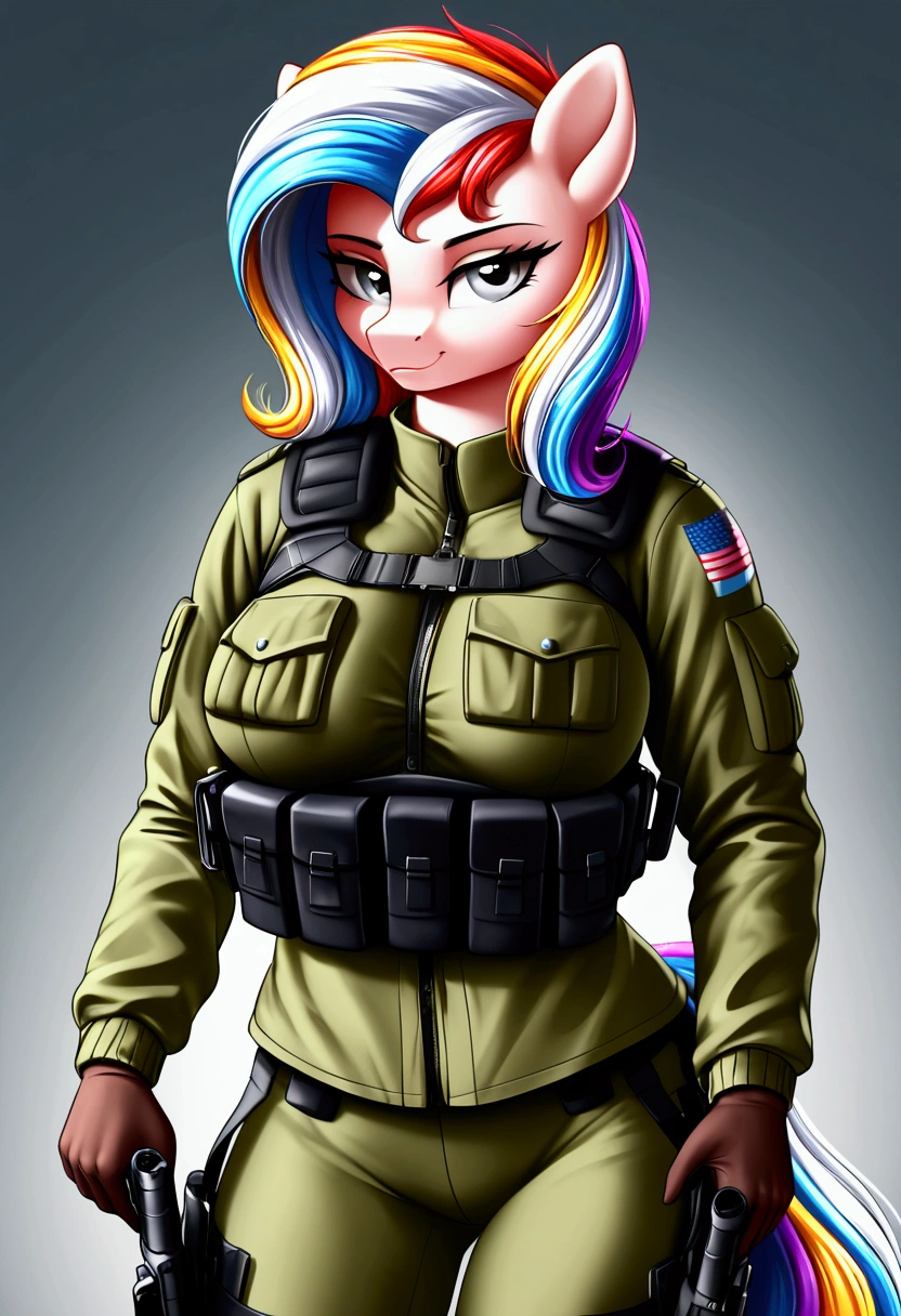 vibrant colors, 8K, high resolution, highly detailed, masterpiece, ((my little pony)), (striped white hair), (pale body), (gray eyes) seductive face, woman's tactical gear, standing, big breasts, beautiful body