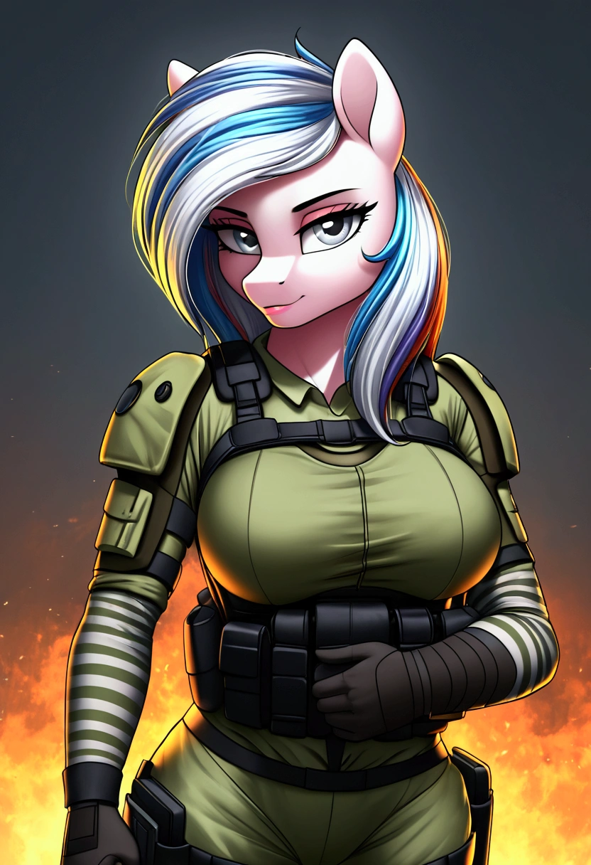 vibrant colors, 8K, high resolution, highly detailed, masterpiece, ((my little pony)), (striped white hair), (pale body), (gray eyes) seductive face, woman's tactical gear, standing, big breasts, beautiful body