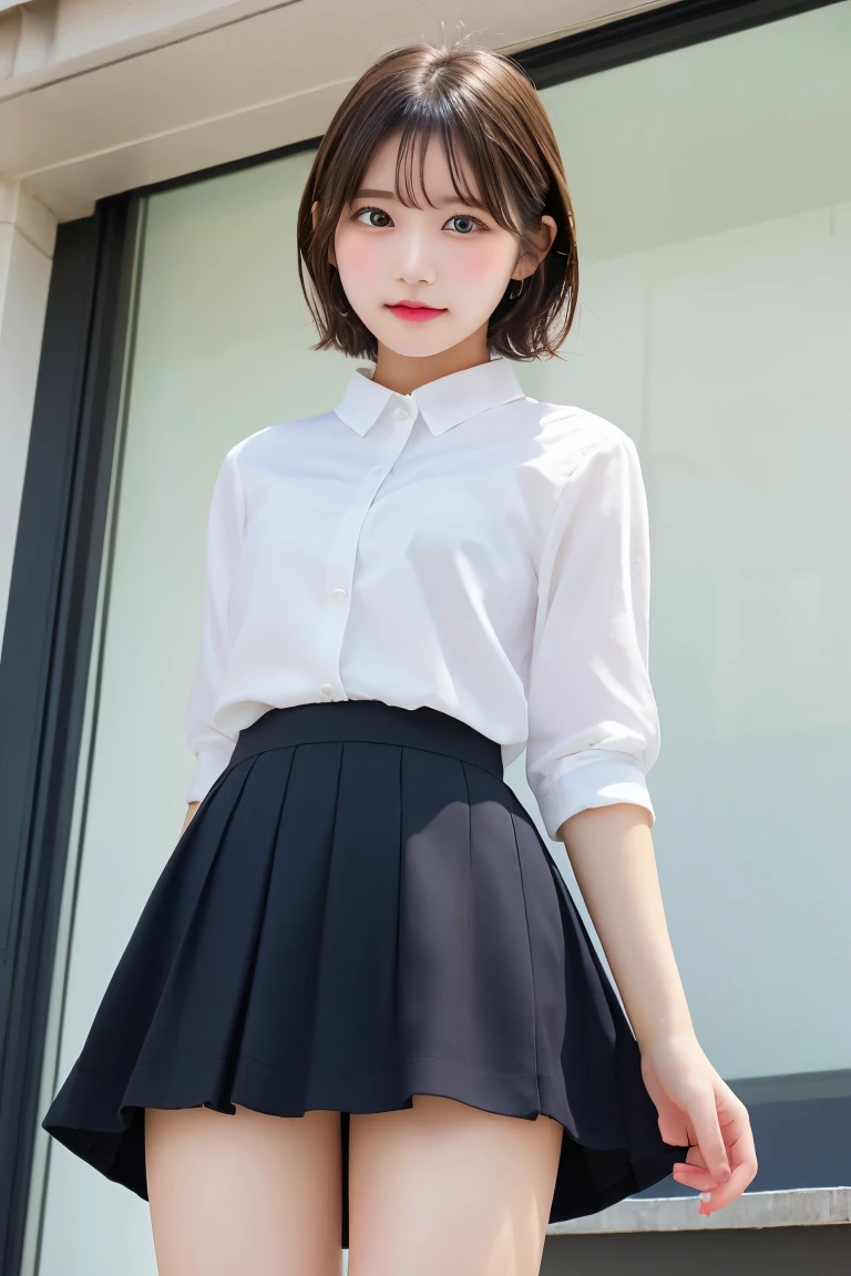 Highest quality、(beautiful)、Super delicate eyes、Brown eyes、22-year-old female、looking at the camera、Semi-short hair、Gal、howing up her skirt、Shoot from below、Skirts roll up