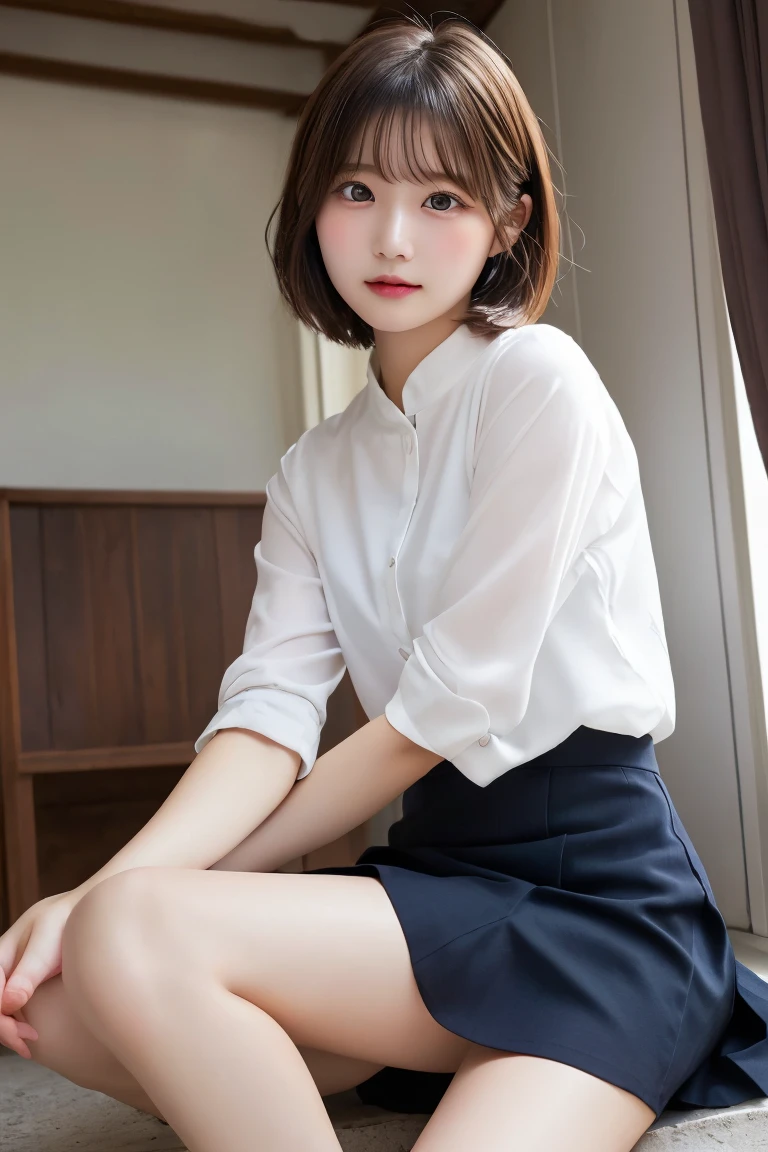 Highest quality、(beautiful)、Super delicate eyes、Brown eyes、22-year-old female、looking at the camera、Semi-short hair、Gal、howing up her skirt、Shoot from below、Skirts roll up