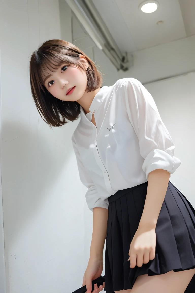 Highest quality、(beautiful)、Super delicate eyes、Brown eyes、22-year-old female、looking at the camera、Semi-short hair、Gal、howing up her skirt、Shoot from below、Skirts roll up