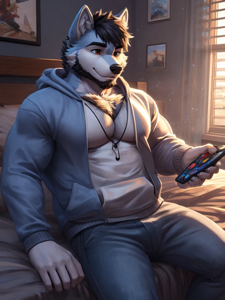 ((best quality)), ((masterpiece)), (Ultra detailed), ((4k)) , Solo , Anthro Wolf , Light Blue Fur , Black Short Hair , Short Beard , Handsone , Middle Ages , Big Pecs chest , Playing Game , Headphone  , Bedroom , Sit In Bed , Sweatshirt , Jean pants , Small Smile