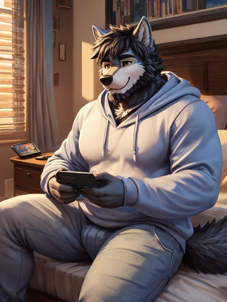 ((best quality)), ((masterpiece)), (Ultra detailed), ((4k)) , Solo , Anthro Wolf , Light Blue Fur , Black Short Hair , Short Beard , Handsone , Middle Ages , Big Pecs chest , Playing Game , Headphone , Bedroom , Sit In Bed , Sweatshirt , Jean pants , Small Smile